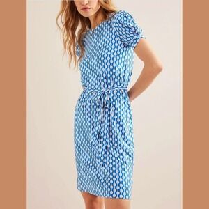 Boden Size 16-18R Puff Sleeve Midi Dress Blue White Belted Geometric Print Retro